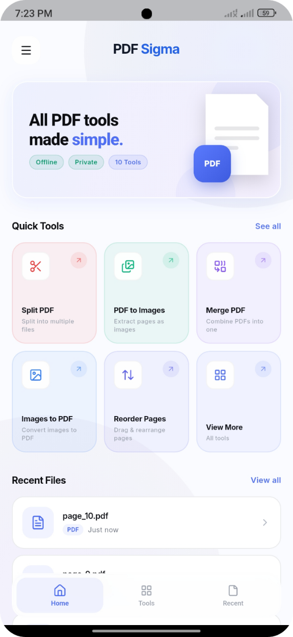 PDF Sigma home screen in light mode