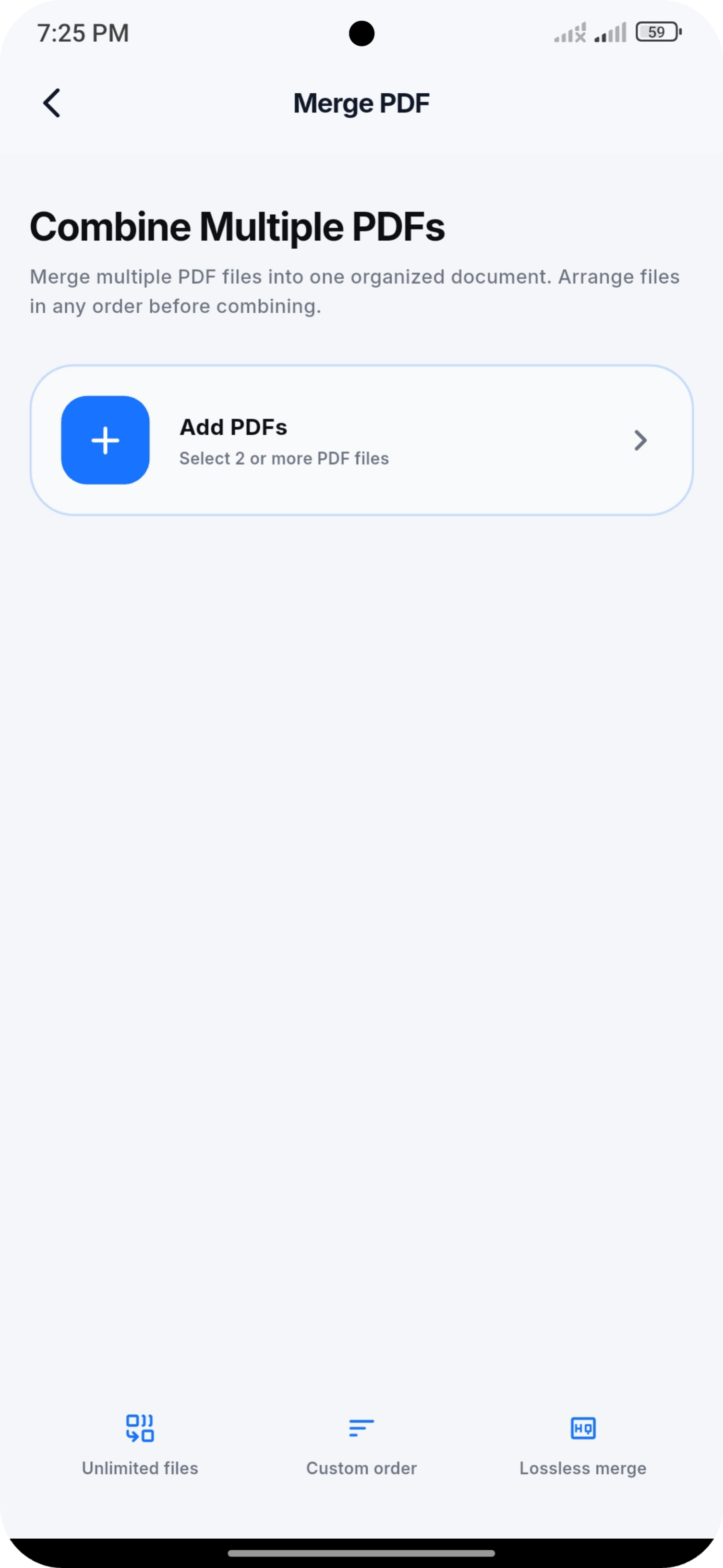 Merge PDF introduction screen