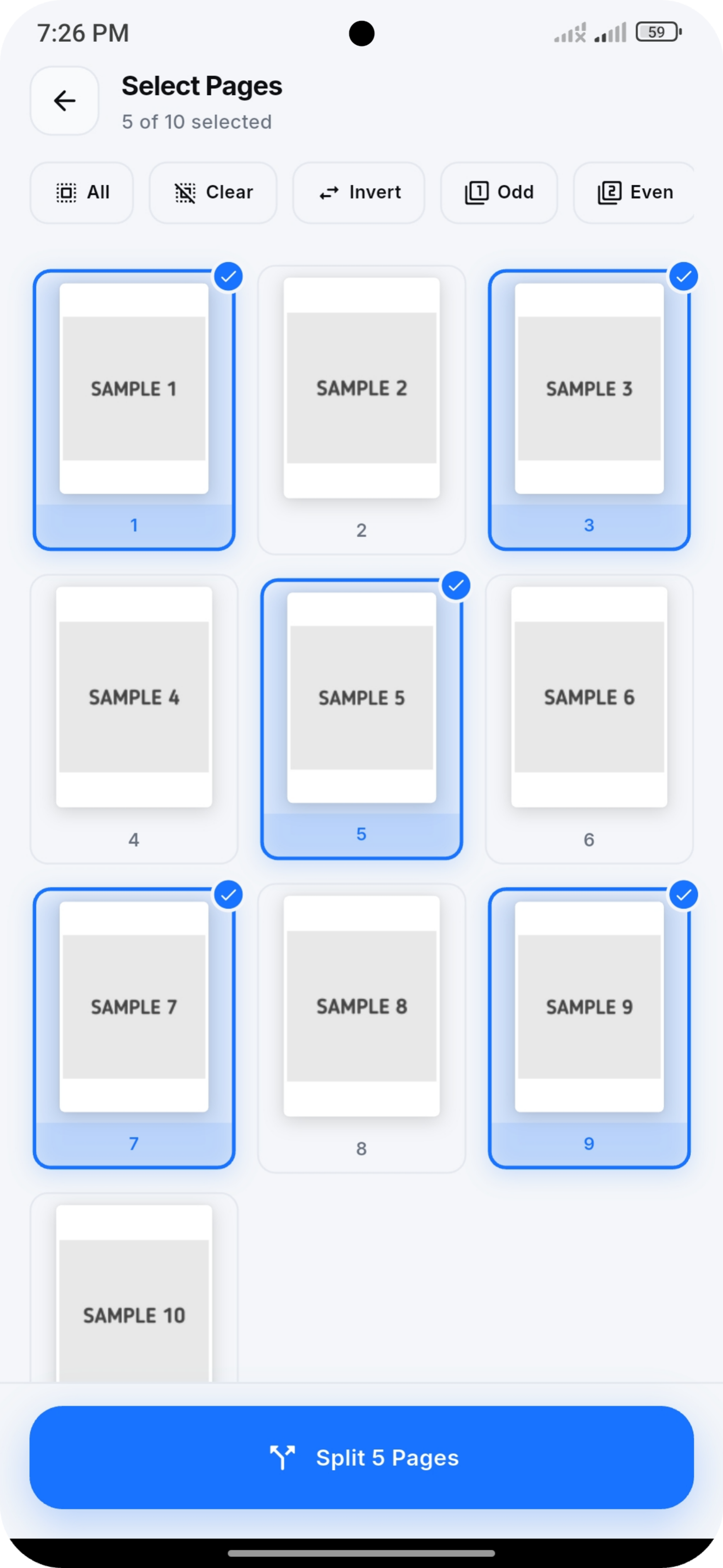 Selecting pages to split from a PDF