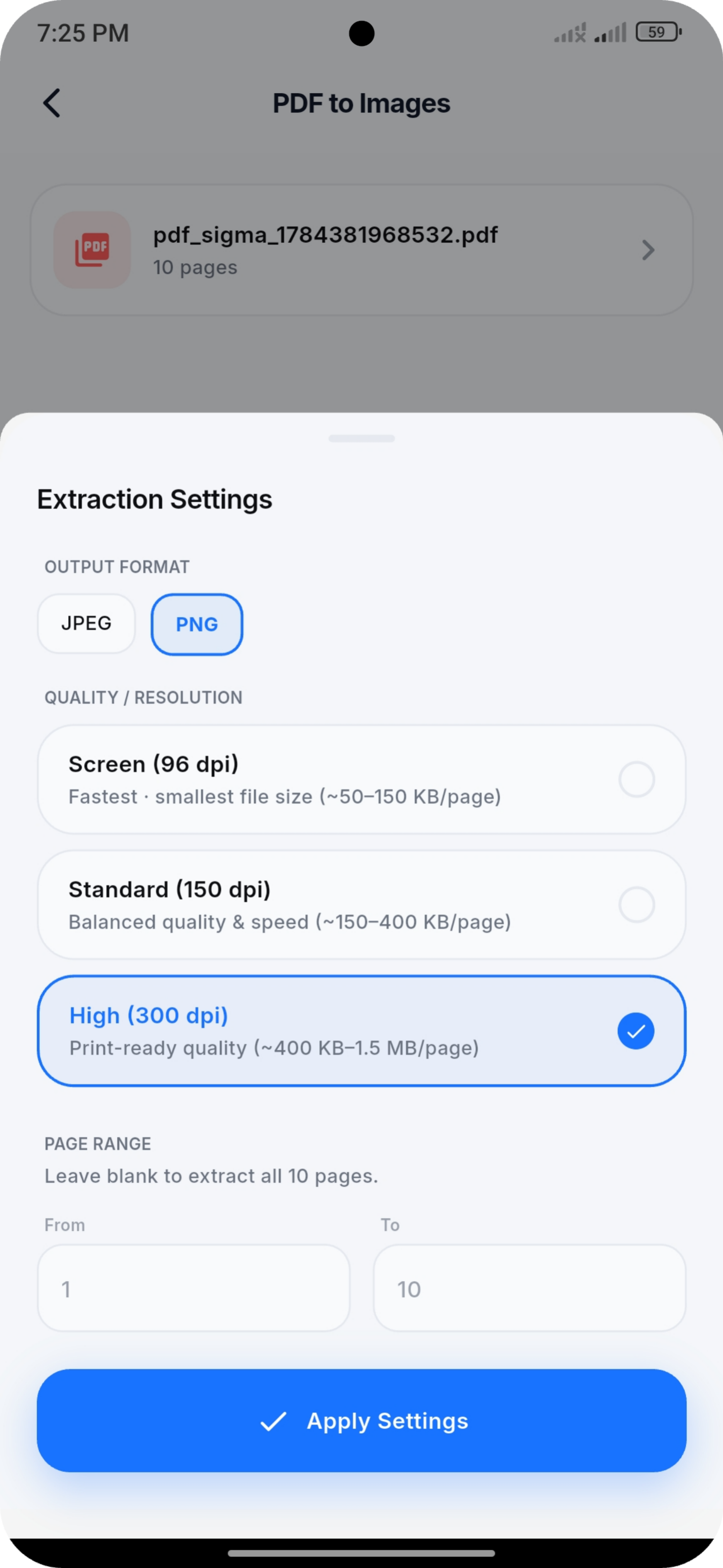PDF to Images extraction settings with JPEG and PNG options