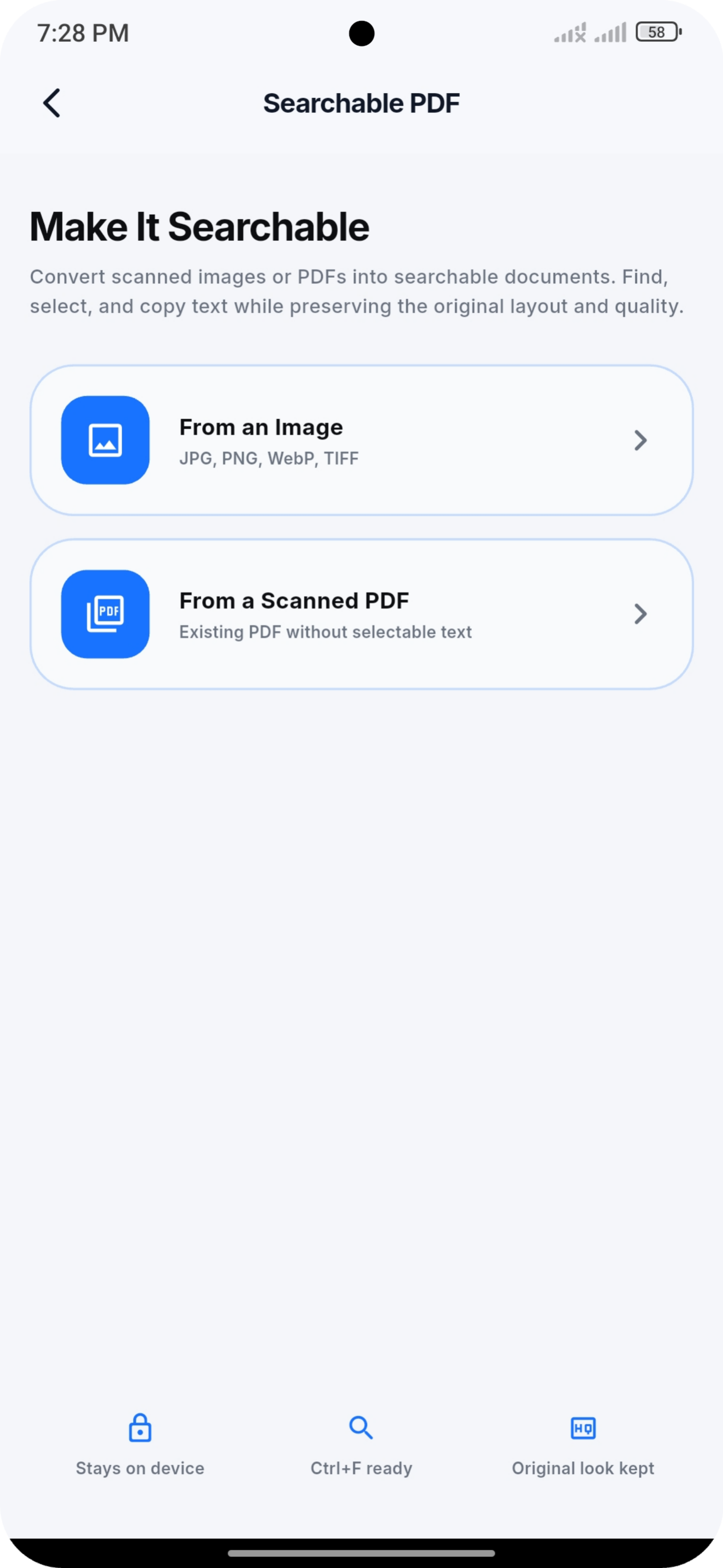 Searchable PDF screen with image and scanned PDF options