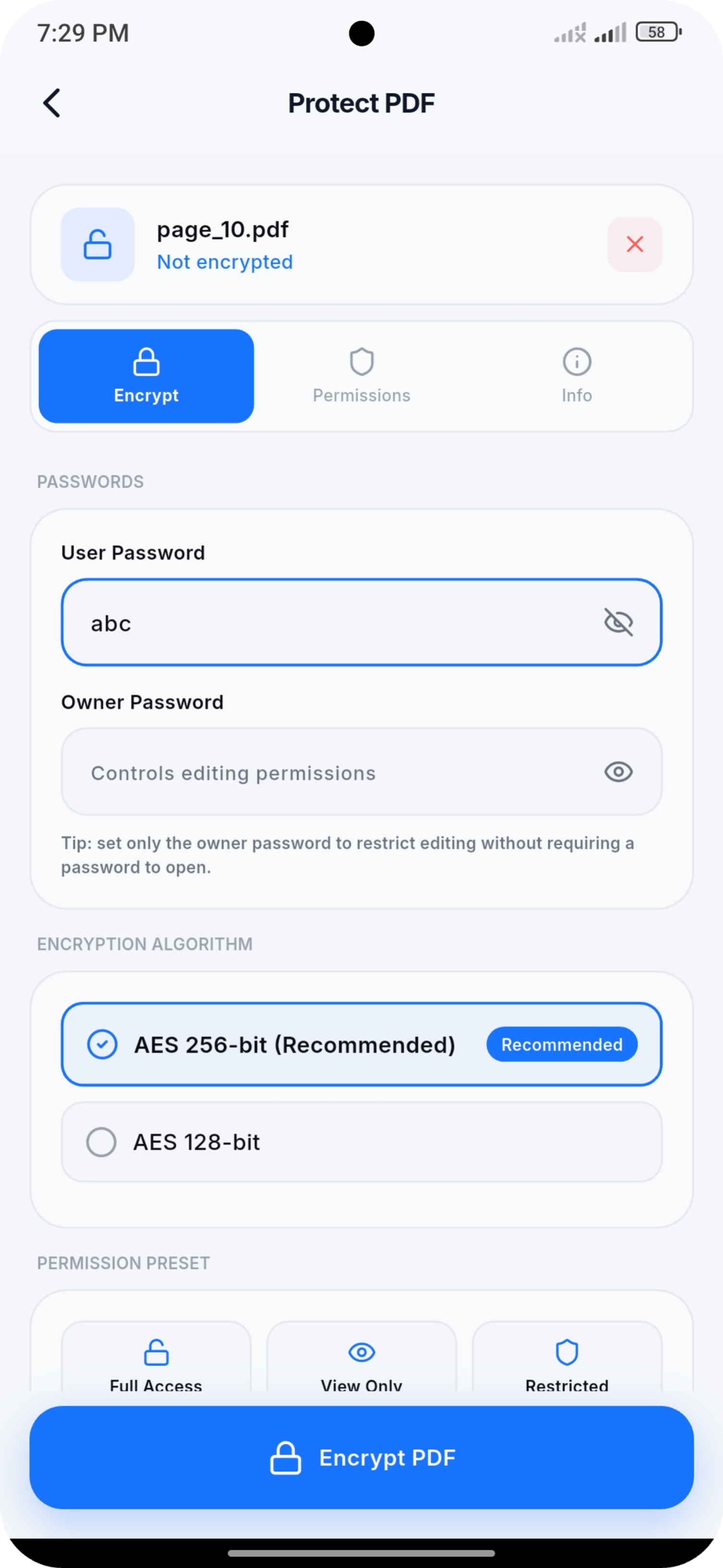 Protect PDF screen with password and encryption options
