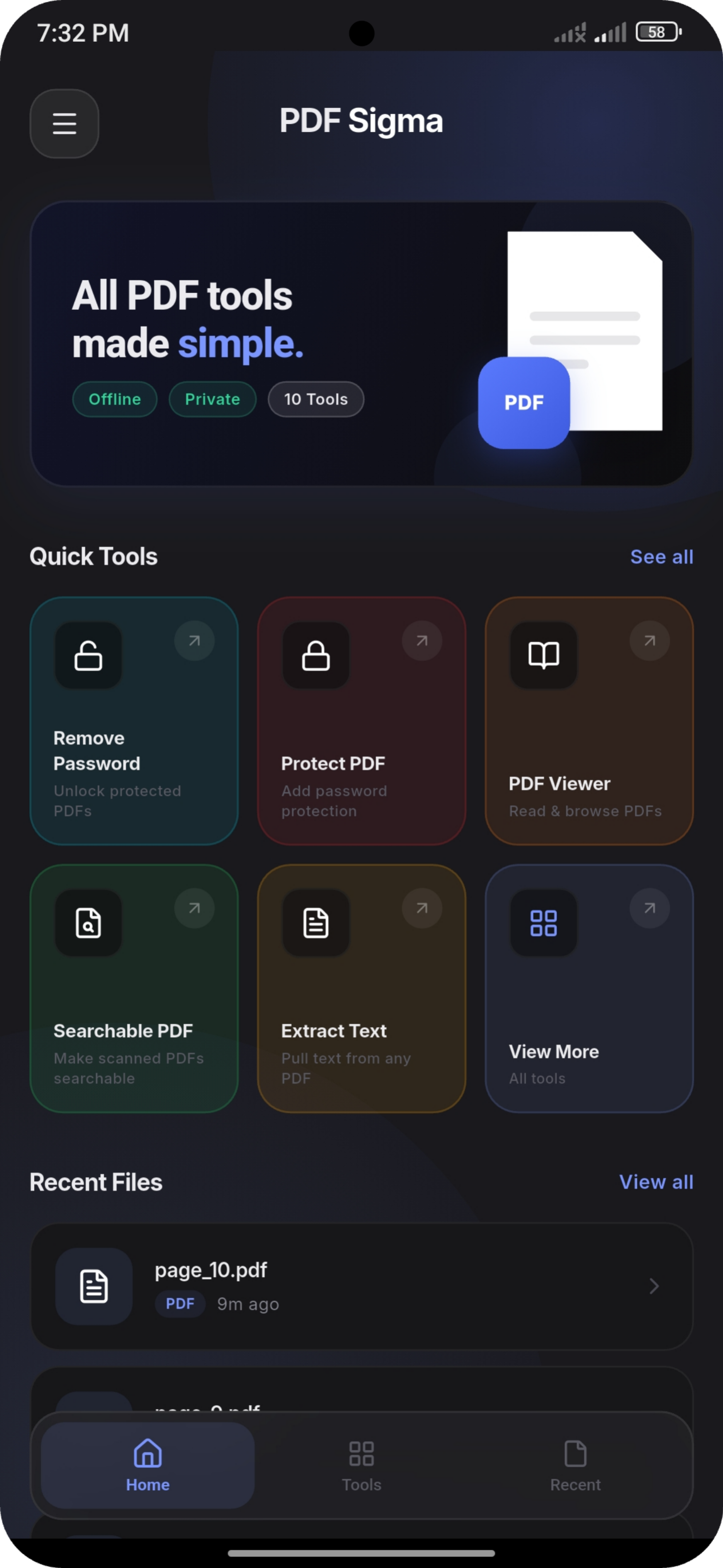 PDF Sigma home screen in dark mode with quick tools