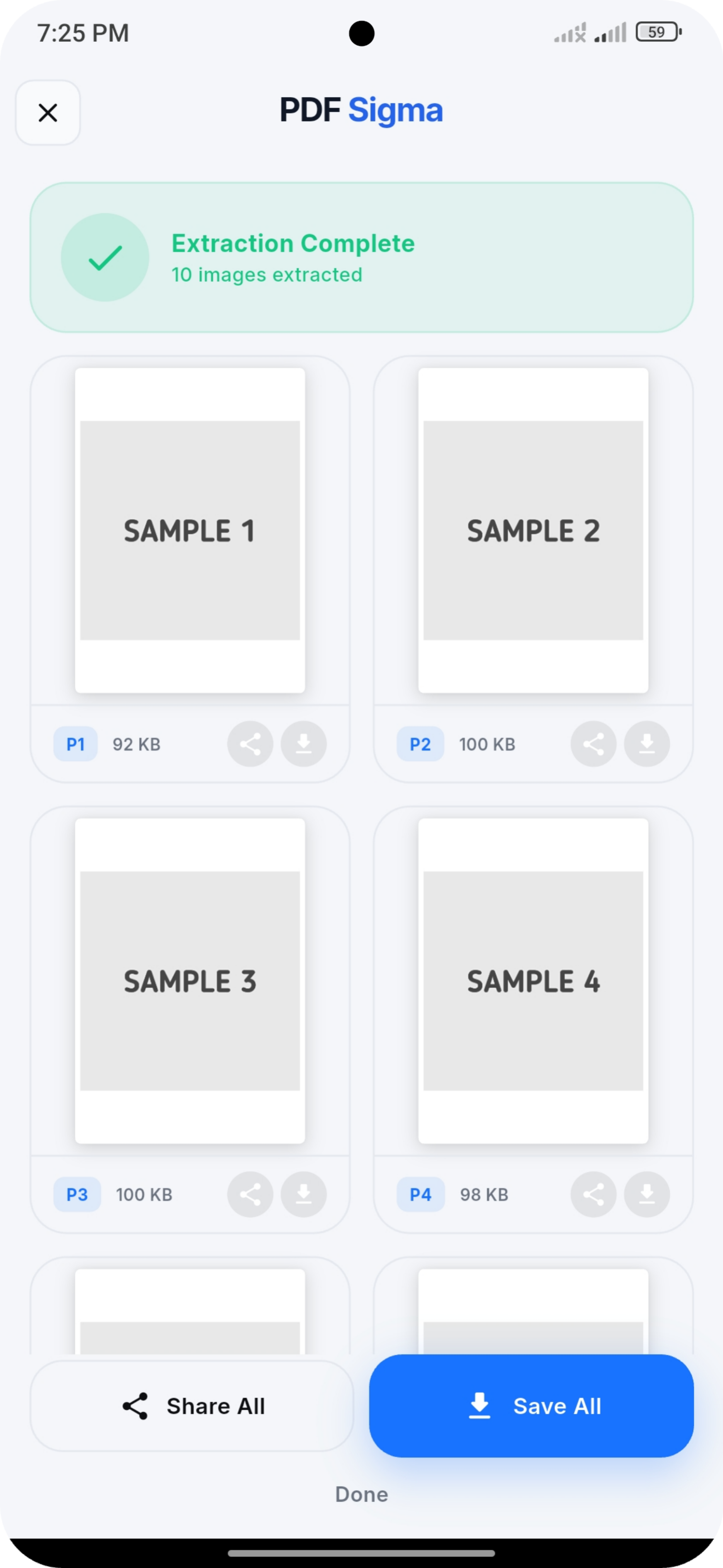 Extraction complete with Save All and Share All buttons