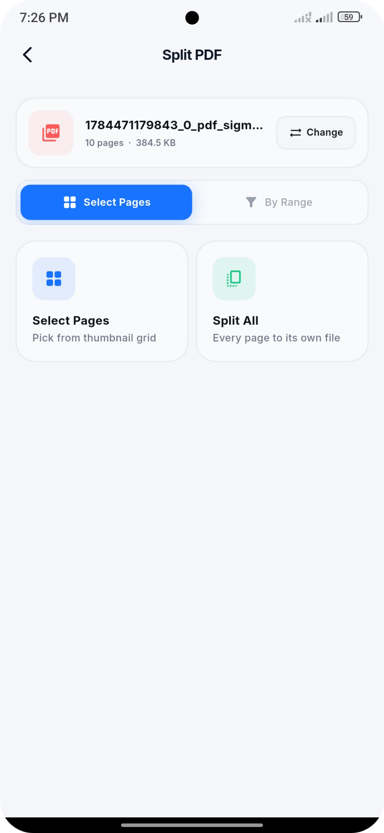 Split PDF screen with page selection