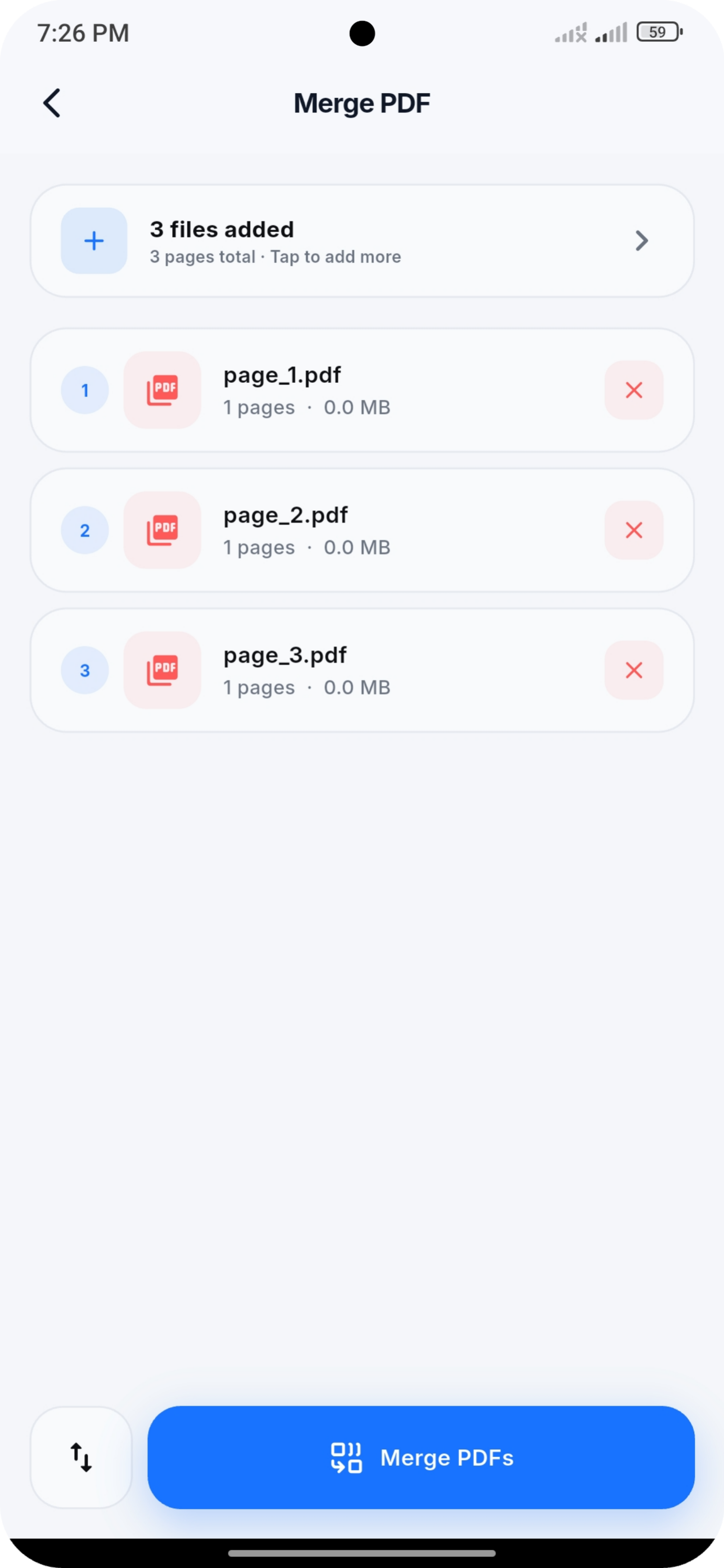Merge PDF screen listing three files