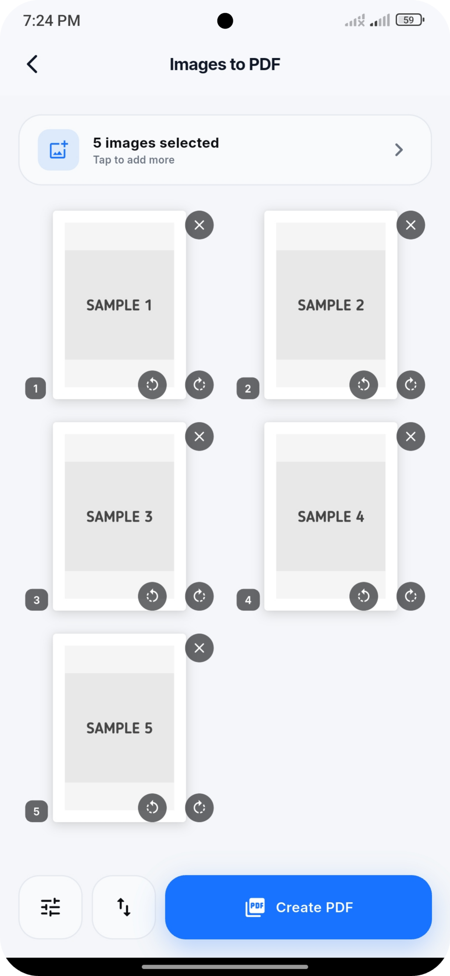 Image to PDF screen with five selected images