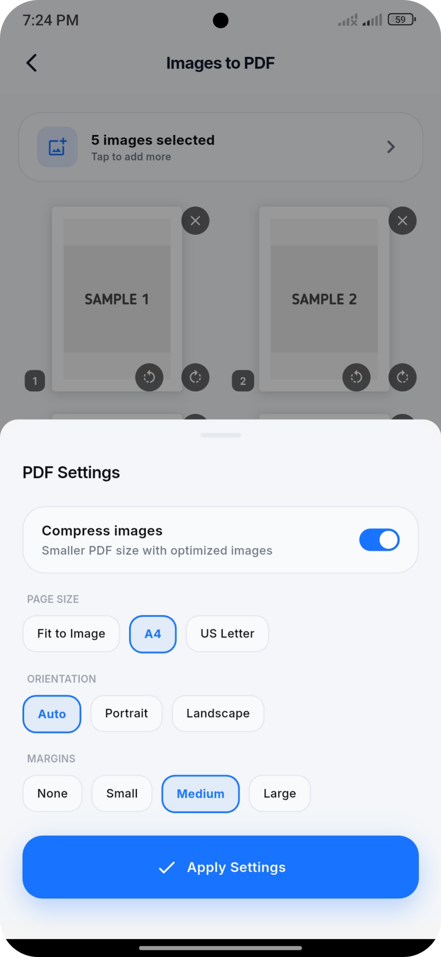 Image to PDF settings for page size, orientation and margins