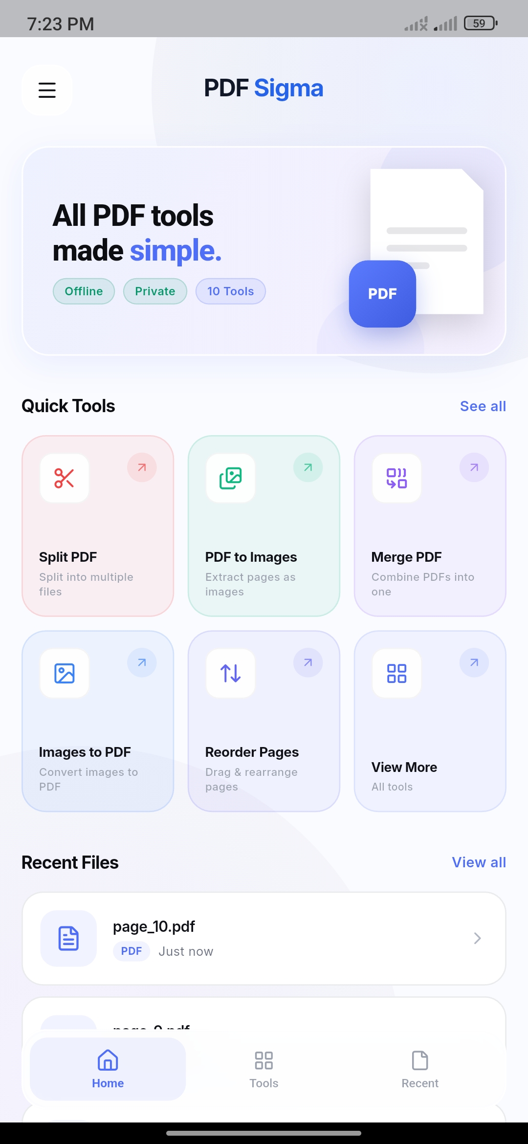 Home screen in light mode