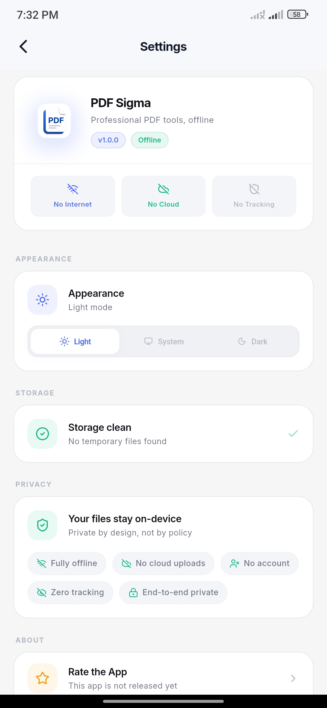 Settings screen