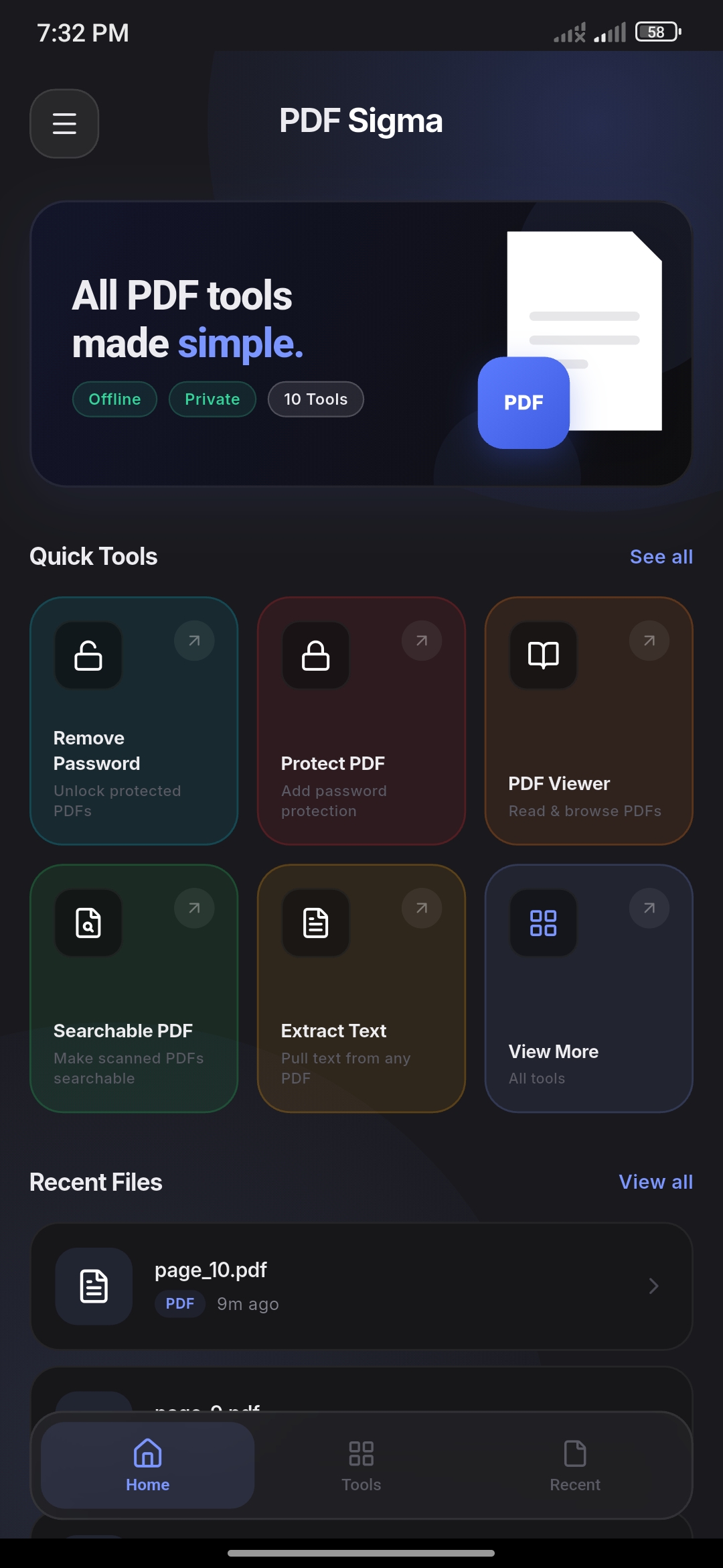 Home screen in dark mode